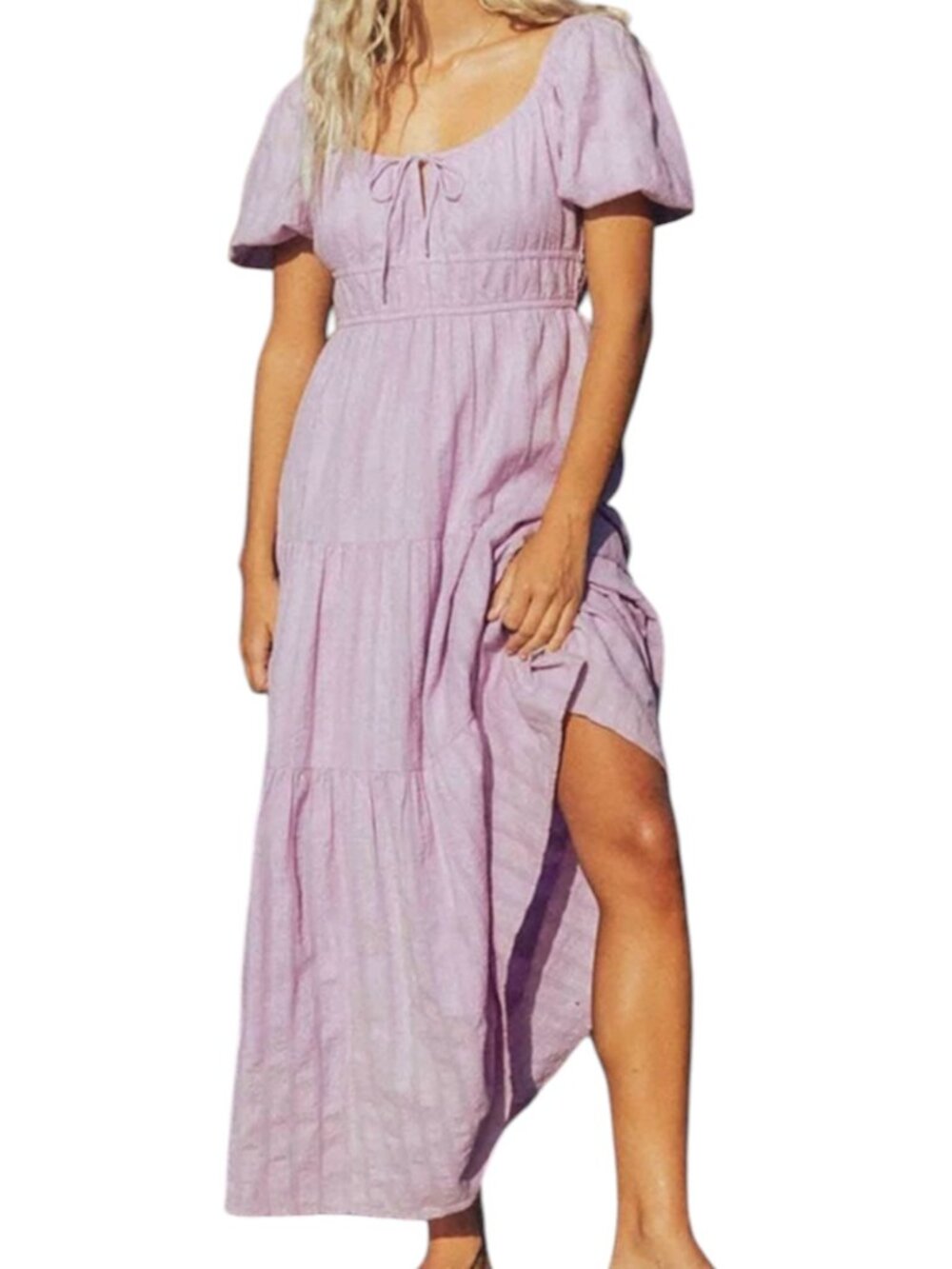 Billabong Lilac Lover Maxi Dress Fit Flair Puff Sleeve Tiered Purple M - Picture 7 of 11